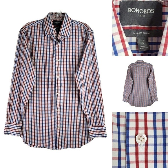 Bonobos Men's 16/34 M Long Sleeve Red Blue Plaid Button Down Tailored Slim Fit - Picture 1 of 8
